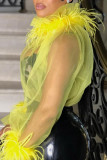 Yellow Sexy Solid Patchwork See-through Feathers Turtleneck Tops