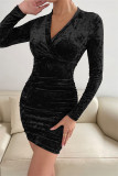 Ink Green Fashion Sexy Solid Patchwork Fold V Neck Long Sleeve Dresses