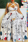 White Fashion Sexy Print Bandage Hollowed Out Backless Spaghetti Strap Long Dress Dresses