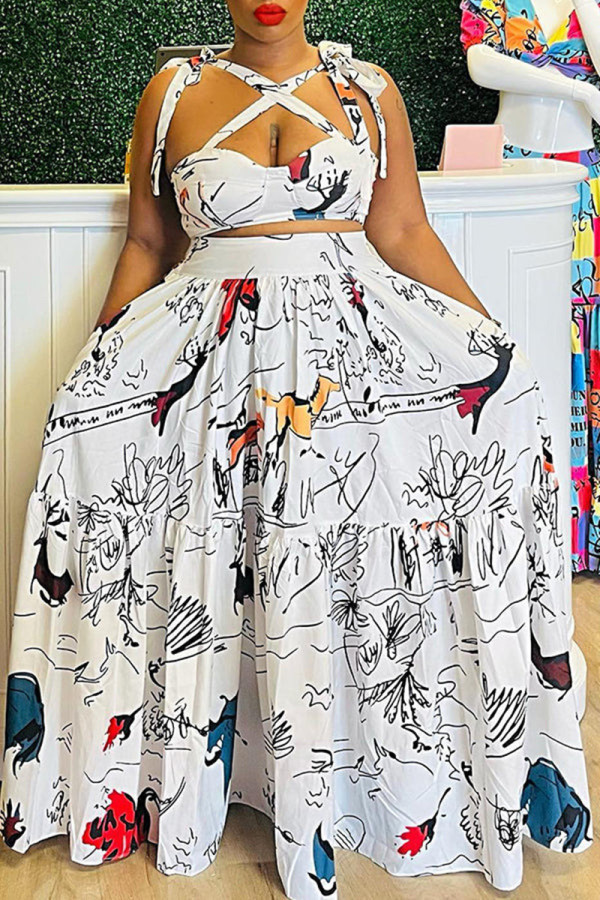 White Fashion Sexy Print Bandage Hollowed Out Backless Spaghetti Strap Long Dress Dresses