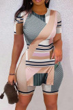 Black White Casual Print Patchwork Slit O Neck Short Sleeve Two Pieces