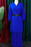 Blue Casual Solid Patchwork With Belt V Neck Long Sleeve Two Pieces