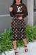 Dark Brown Fashion Street Print Letter O Neck Long Sleeve Two Pieces