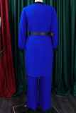 Blue Casual Solid Patchwork With Belt V Neck Long Sleeve Two Pieces