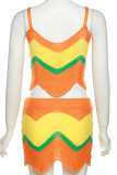 Orange Fashion Sexy Patchwork Backless Contrast Spaghetti Strap Sleeveless Two Pieces