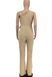 Apricot Casual Solid Patchwork V Neck Straight Jumpsuits