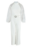 White Elegant Solid Patchwork See-through O Neck Straight Jumpsuits(Contain The Belt)