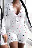 White Casual Sportswear Print Patchwork Buckle V Neck Skinny Rompers