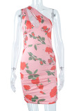Pink Sexy Print Hollowed Out Patchwork Fold Oblique Collar Pencil Skirt Dresses