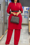 Blue Casual Solid Patchwork With Belt V Neck Long Sleeve Two Pieces