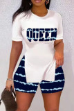 Black White Casual Print Patchwork Slit O Neck Short Sleeve Two Pieces