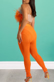 Tangerine Sexy Solid Patchwork See-through Feathers Spaghetti Strap Sleeveless Two Pieces