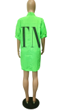 Green Fashion Print Patchwork Turndown Collar Tops