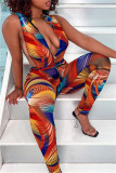 Multicolor Fashion Sexy Print Patchwork Zipper Collar Skinny Jumpsuits