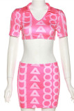 Pink Fashion Sexy Letter Print Basic V Neck Short Sleeve Two Pieces