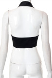 Black Fashion Sexy Solid Patchwork Backless Halter Tops