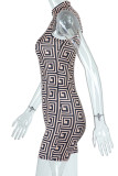 Brown Sexy Print Patchwork Zipper Collar Skinny Rompers