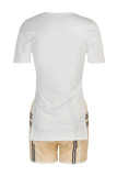 Black White Casual Print Patchwork Slit O Neck Short Sleeve Two Pieces