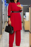 Blue Casual Solid Patchwork With Belt V Neck Long Sleeve Two Pieces