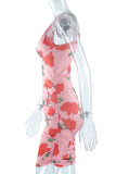 Pink Sexy Print Hollowed Out Patchwork Fold Oblique Collar Pencil Skirt Dresses