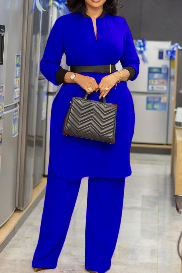Blue Casual Solid Patchwork With Belt V Neck Long Sleeve Two Pieces