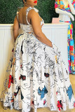 White Fashion Sexy Print Bandage Hollowed Out Backless Spaghetti Strap Long Dress Dresses