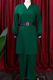 Blue Casual Solid Patchwork With Belt V Neck Long Sleeve Two Pieces