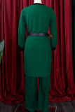 Blue Casual Solid Patchwork With Belt V Neck Long Sleeve Two Pieces