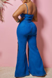 Blue Sexy Solid Patchwork Zipper Spaghetti Strap Boot Cut Jumpsuits