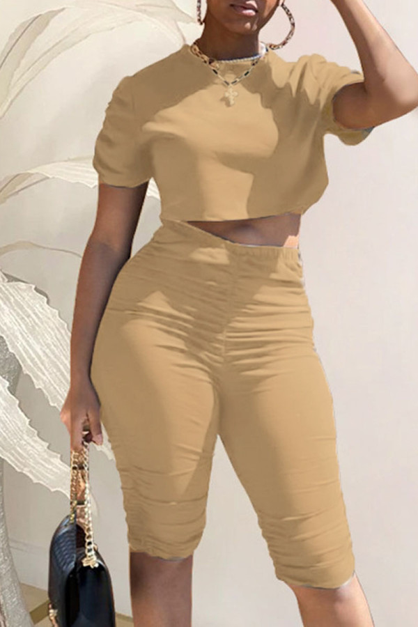 Khaki Casual Solid Patchwork Fold O Neck Short Sleeve Two Pieces