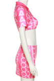 Pink Fashion Sexy Letter Print Basic V Neck Short Sleeve Two Pieces
