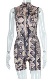 Brown Sexy Print Patchwork Zipper Collar Skinny Rompers