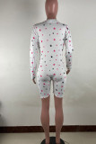 White Casual Sportswear Print Patchwork Buckle V Neck Skinny Rompers