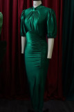 Deep Blue Elegant Solid Patchwork Slit Half A Turtleneck One Step Skirt Dresses