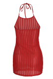 Red Sexy Solid Patchwork Spaghetti Strap Pencil Skirt Dresses