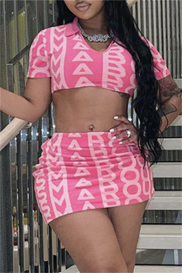 Pink Fashion Sexy Letter Print Basic V Neck Short Sleeve Two Pieces