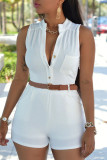 White Casual Solid Patchwork Buckle With Belt Mandarin Collar Straight Rompers