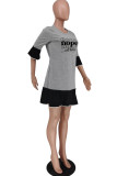 Black Gray Fashion Casual Letter Print Patchwork O Neck Dresses