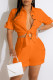 Tangerine Red Casual Solid Patchwork Buckle Turndown Collar Short Sleeve Two Pieces