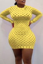 Yellow Sexy Solid Hollowed Out Patchwork O Neck Pencil Skirt Dresses
