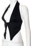 Black Fashion Sexy Solid Patchwork Backless Halter Tops