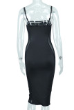 Black Sexy Solid Patchwork Spaghetti Strap One Step Skirt Dresses
