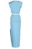 Blue Casual Solid Bandage Patchwork Slit O Neck Sleeveless Two Pieces