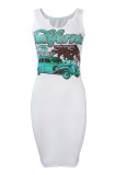 White Fashion Sexy Print Basic U Neck Vest Dress