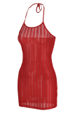 Red Sexy Solid Patchwork Spaghetti Strap Pencil Skirt Dresses