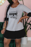 Black Gray Fashion Casual Letter Print Patchwork O Neck Dresses
