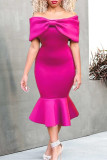 Rose Red Fashion Sexy Solid Patchwork Backless With Bow Off the Shoulder Evening Dress
