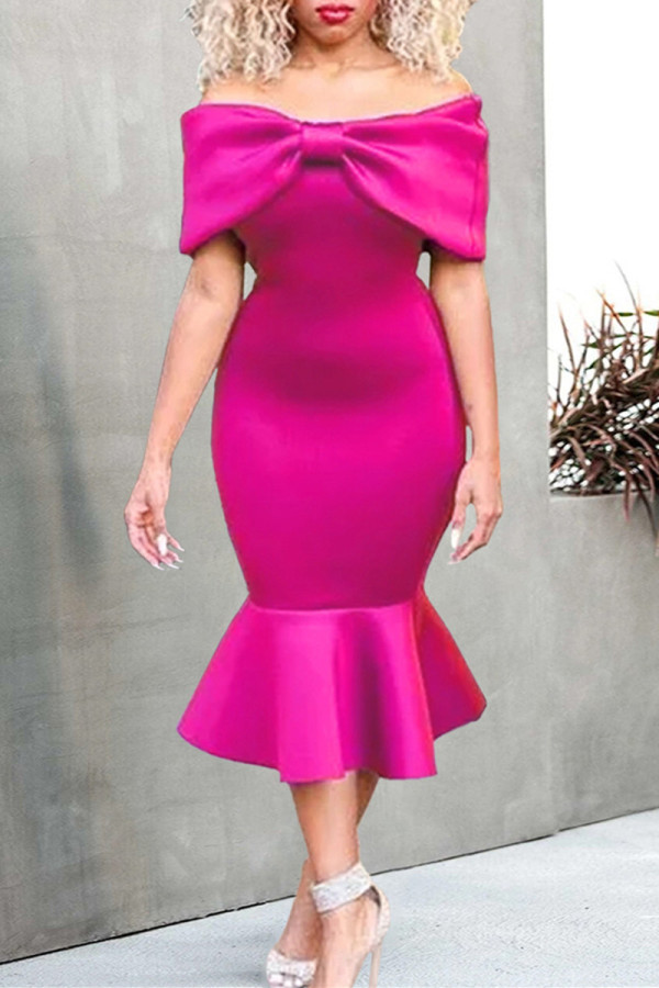 Rose Red Fashion Sexy Solid Patchwork Backless With Bow Off the Shoulder Evening Dress