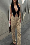Black Fashion Sexy Solid Patchwork Backless Halter Tops