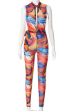 Multicolor Fashion Sexy Print Patchwork Zipper Collar Skinny Jumpsuits